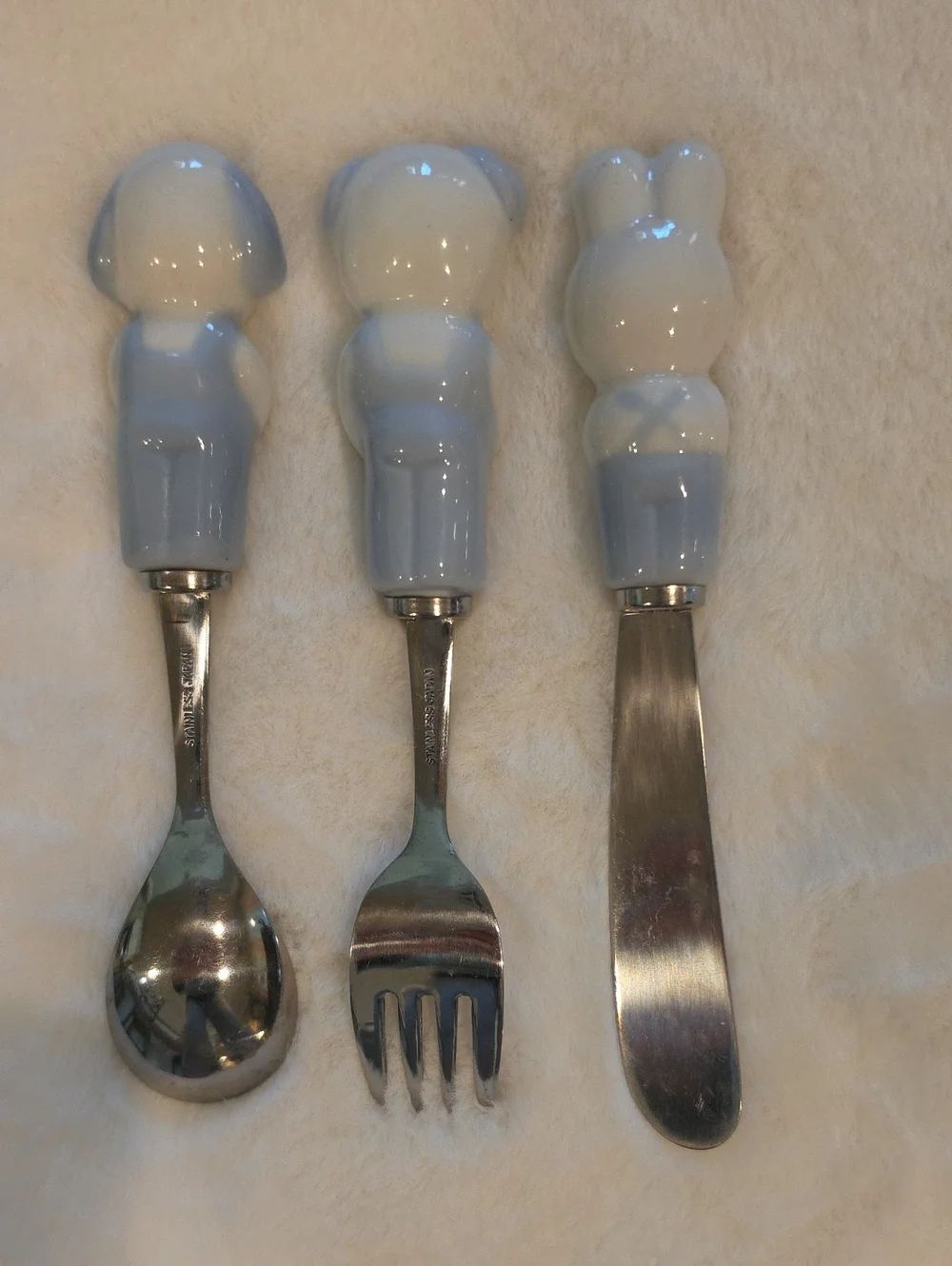 Vintage 1980s Japanese Porcelain Animal Child Flatware Set - Bunny, Bear, Dog